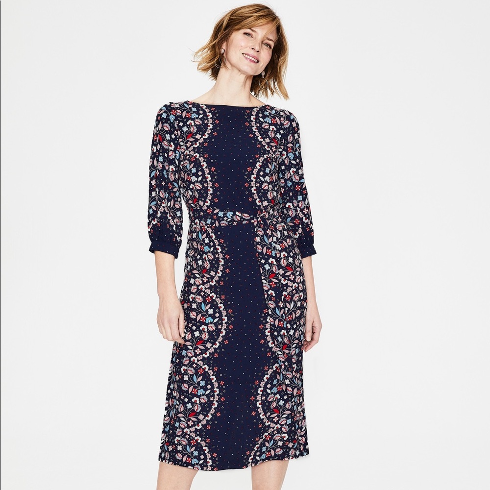 New Boden Ferne Midi Dress Navy & Red Blossom Vine